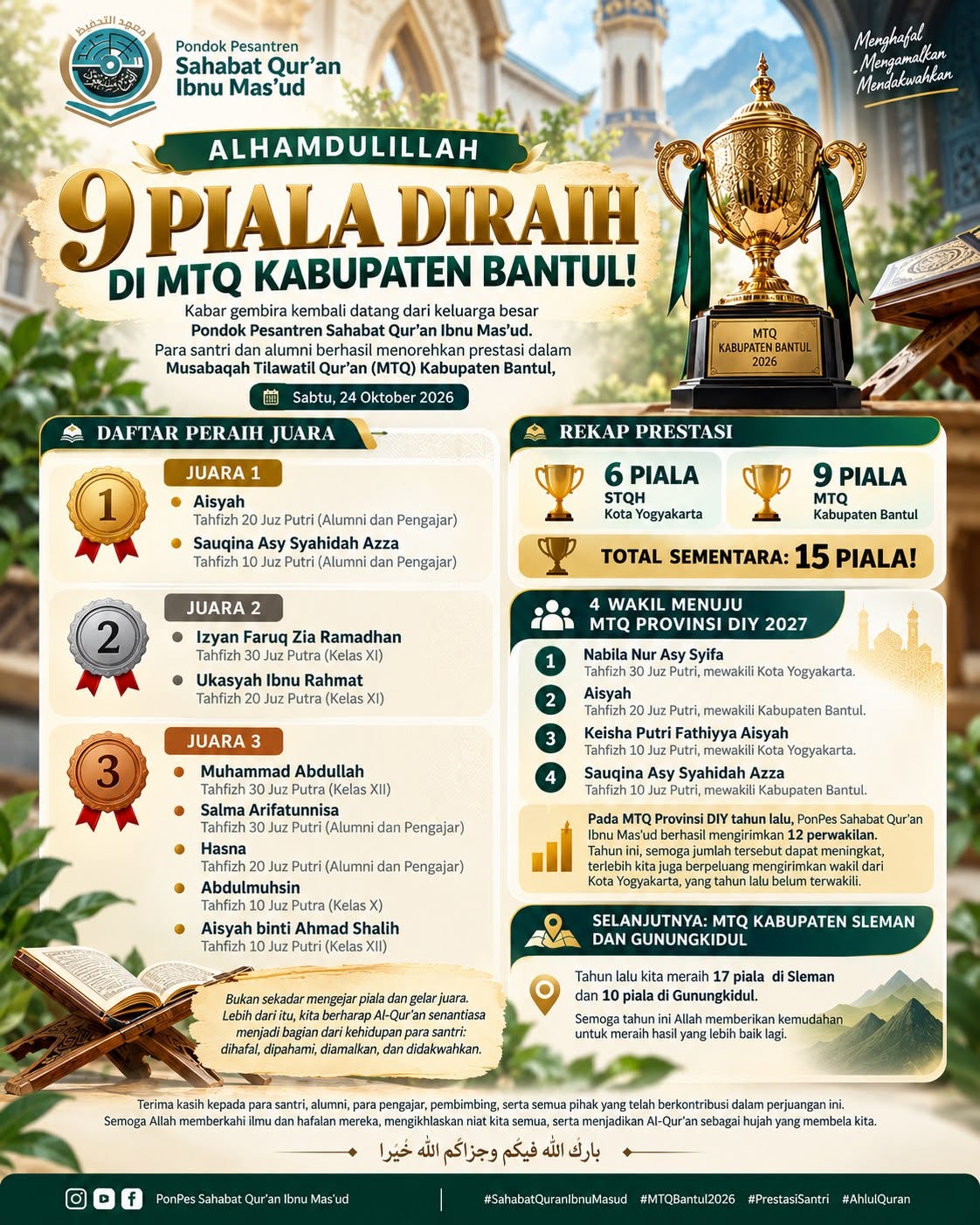 ALHAMDULILLAH, 9 PIALA DIRAIH DI MTQ KABUPATEN BANTUL!